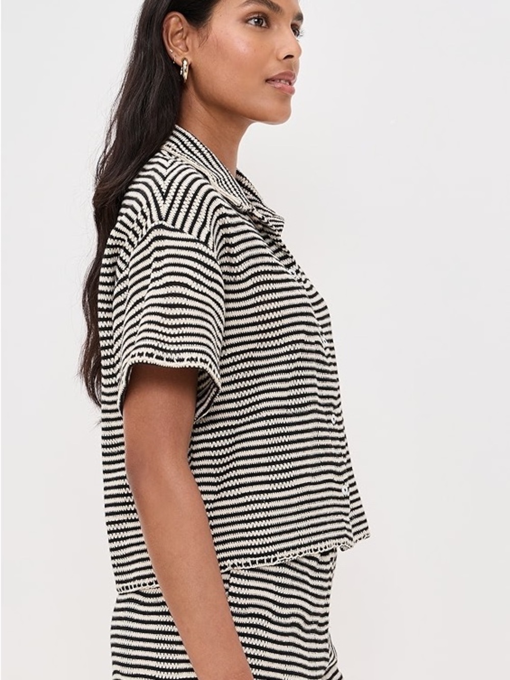 Z SUPPLY Monaco Crochet Button Up Black and Cream Striped Short-Sleeve Small - Picture 3 of 16